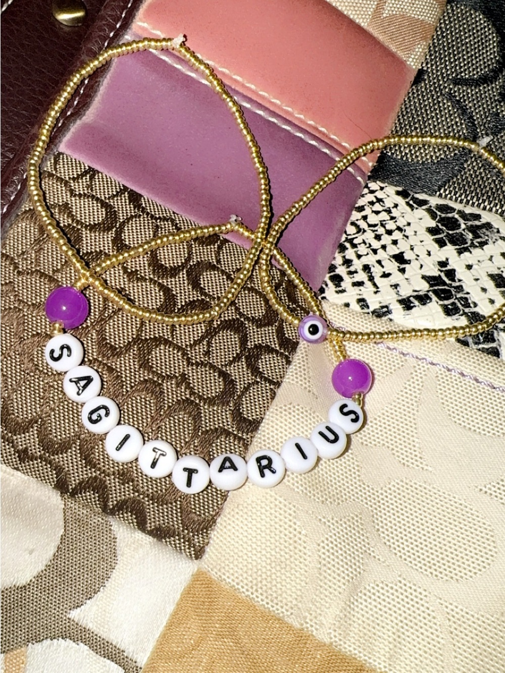 🔥Sagittarius♐️ set of 3 - plain gold bracelet- gold & purple evil eye protection